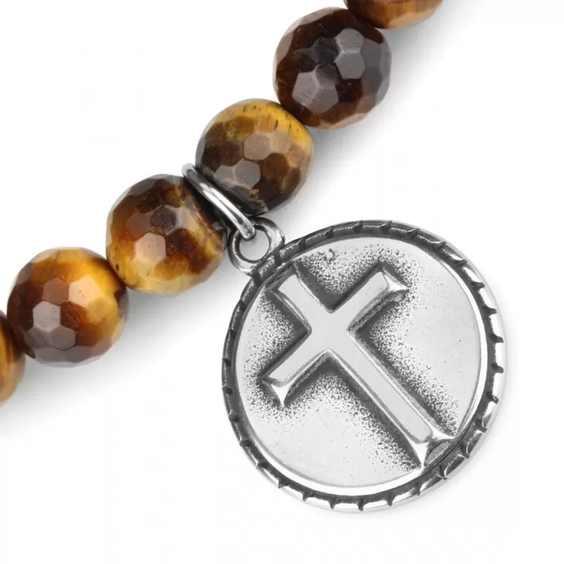 Мужской браслет Шамбала Everiot Select LNS-0238-ST из камня тигровый глаз с подвеской и крестом