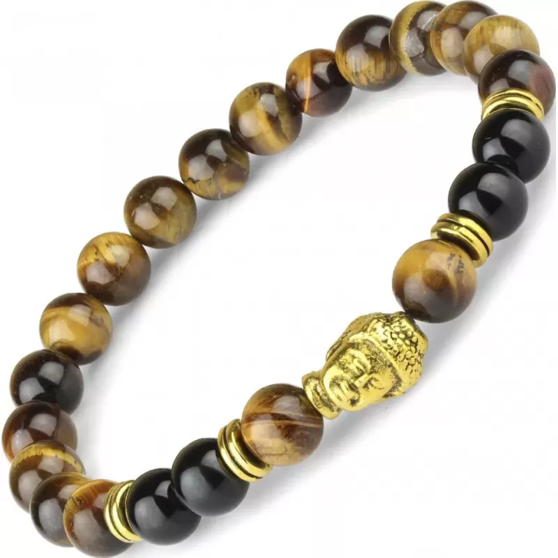 Браслет на резинке Everiot STB-MJ-1747 из камня тигровый глаз с головой Будды