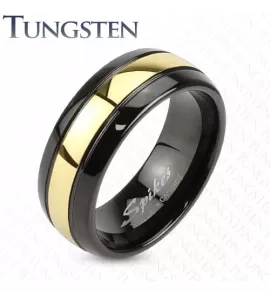 Кольцо мужское из вольфрама Spikes R-TU-189 черное с золотой полоской по центру