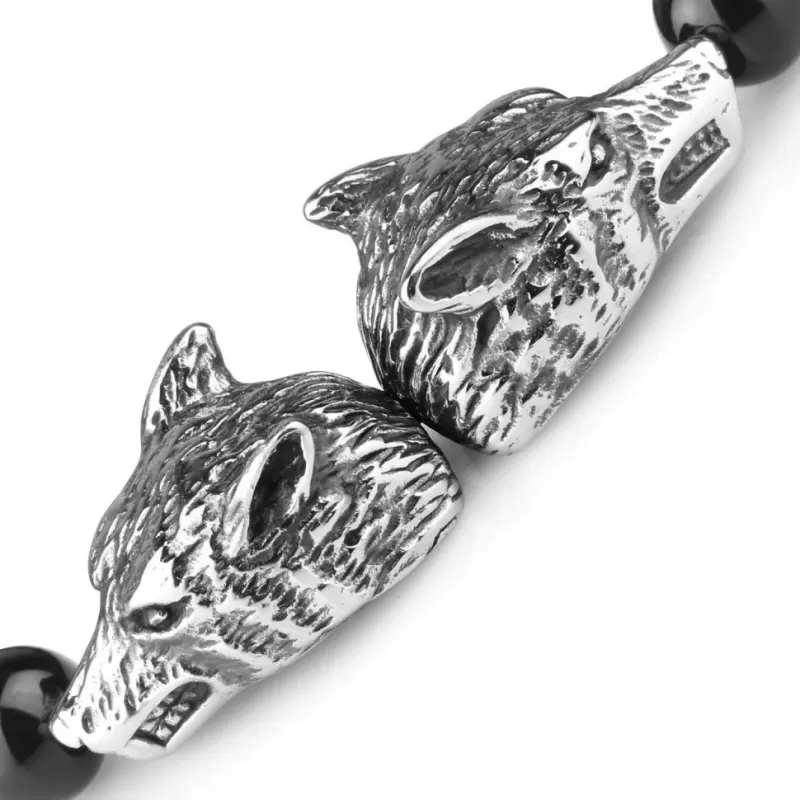 Мужской браслет на резинке Everiot STB-MJ-1729 с крупным ониксом и головами волка