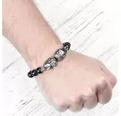 Мужской браслет на резинке Everiot STB-MJ-1729 с крупным ониксом и головами волка