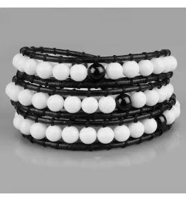 Широкий плетеный браслет-намотка Everiot Select LNS-3123 из бусин алебастра и агата