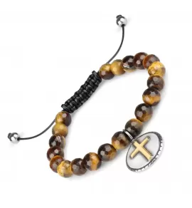 Мужской браслет Шамбала Everiot Select LNS-0238-GD из камня тигровый глаз с подвеской и золотистым крестом