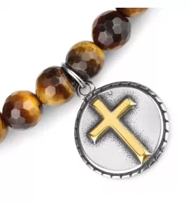 Мужской браслет Шамбала Everiot Select LNS-0238-GD из камня тигровый глаз с подвеской и золотистым крестом