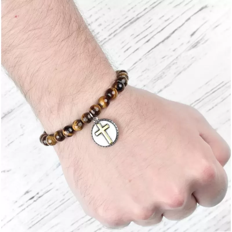 Мужской браслет Шамбала Everiot Select LNS-0238-GD из камня тигровый глаз с подвеской и золотистым крестом