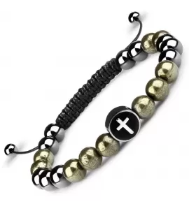 Браслет Шамбала из гематита и пирита с крестом Everiot Select LNS-2173