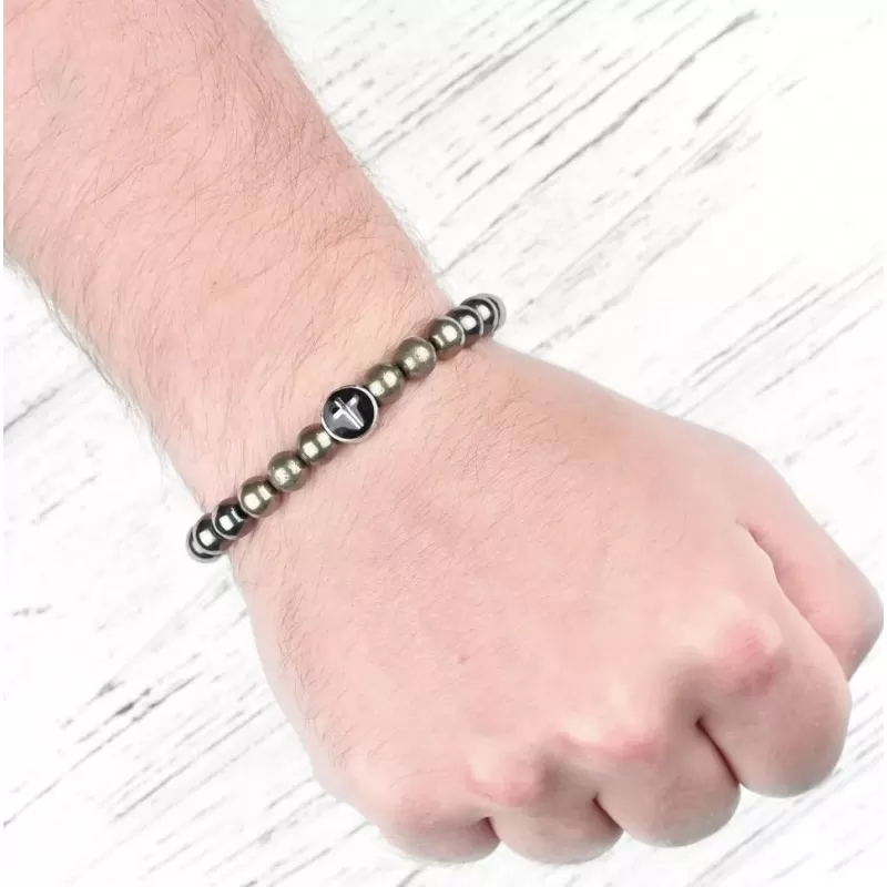 Браслет Шамбала из гематита и пирита с крестом Everiot Select LNS-2173