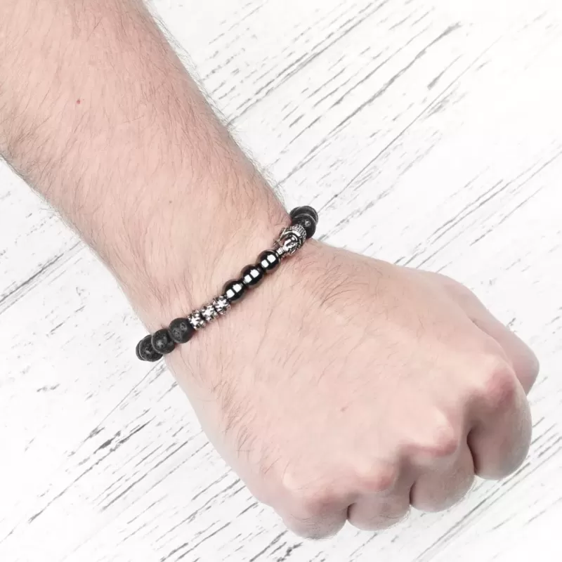 Мужской браслет Everiot STB-MJ-1732 из лавы и гематита с головой Будды