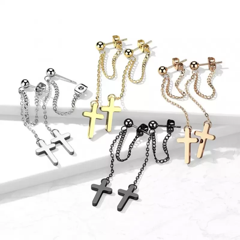 Серьги-гвоздики из стали TATIC SE4089 с подвесками в виде цепочек и крестов