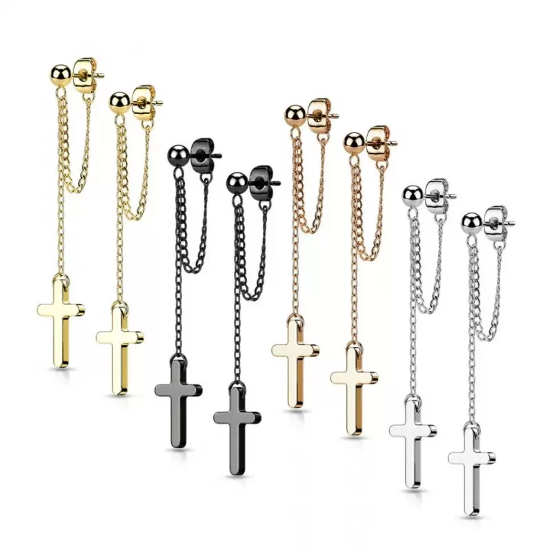 Серьги-гвоздики из стали TATIC SE4089 с подвесками в виде цепочек и крестов