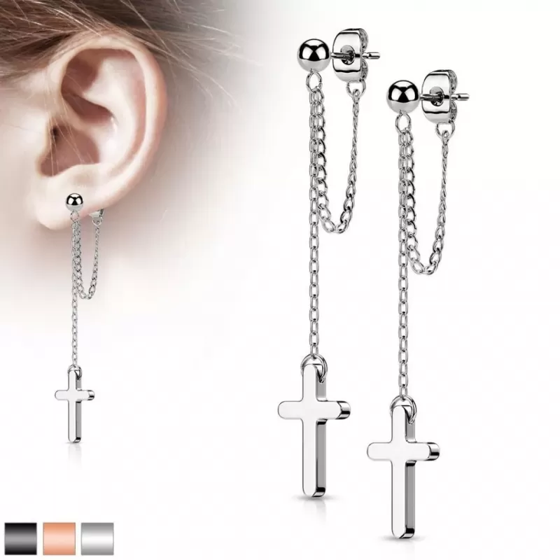 Серьги-гвоздики из стали TATIC SE4089 с подвесками в виде цепочек и крестов