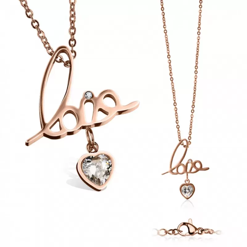 Кулон на цепочке с надписью "Love", сердцем и фианитом TATIC SNP-04 из ювелирной стали