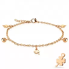 Браслет анклет на ногу TATIC SSA-275 цепочка из стали с подвесками шариками и четырехлистным клевером