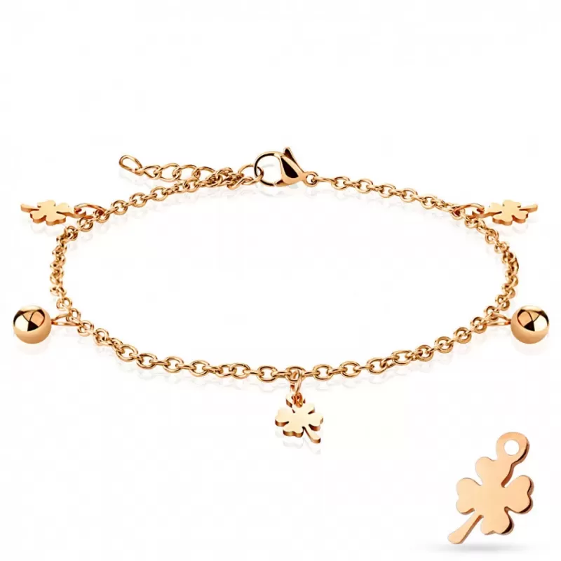 Браслет анклет на ногу TATIC SSA-275 цепочка из стали с подвесками шариками и четырехлистным клевером