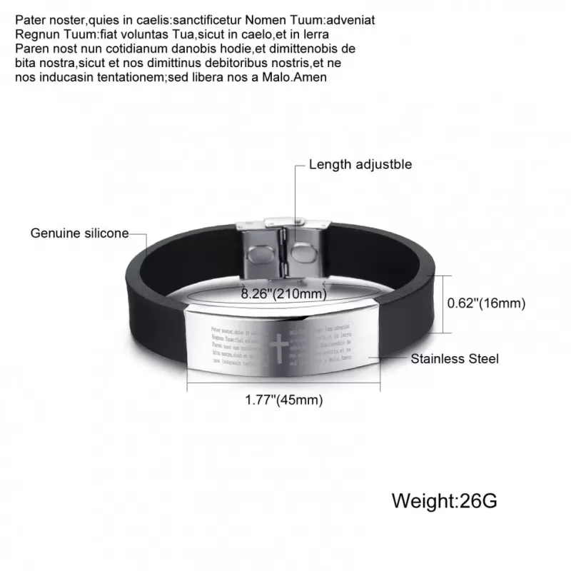 Браслет мужской из каучука и стали Everiot PL-XP-15254 с молитвой "Отче наш" на латинском языке