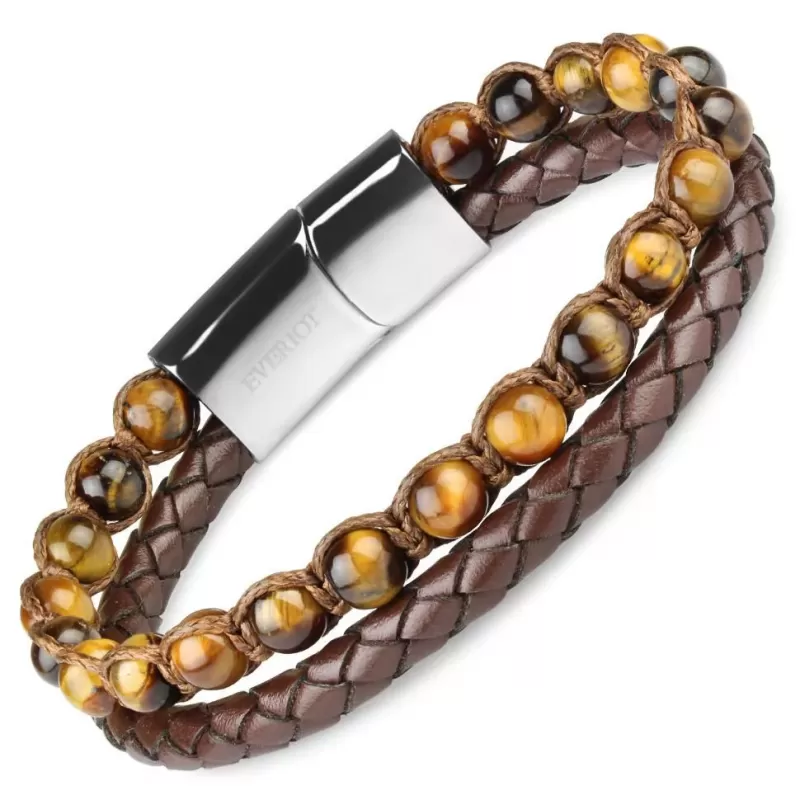 Браслет Everiot Select LNS-2214 из натуральной кожи и камня тигровый глаз
