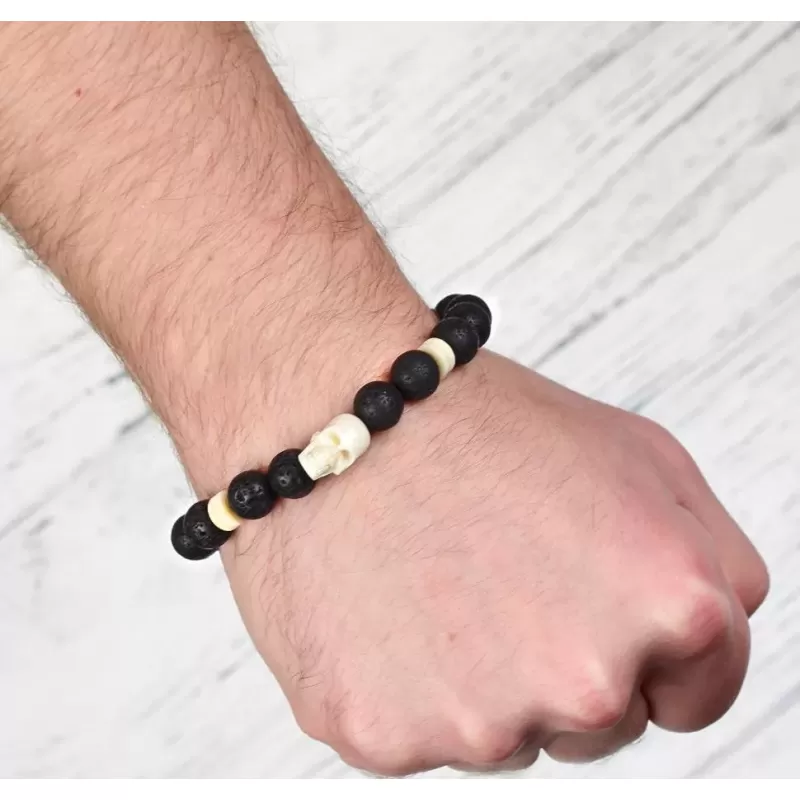 Мужской браслет на резинке из лавового камня и кости с черепом Everiot Select select LNS-2117