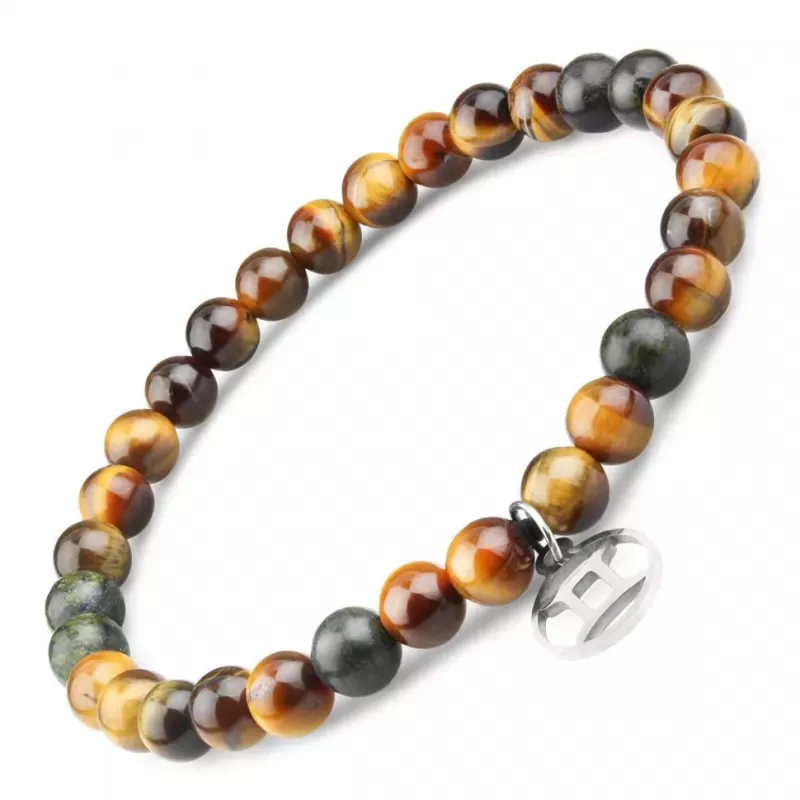 Браслет со знаками зодиака на резинке Everiot Select LNS-6013 из камня бычий глаз и змеевика