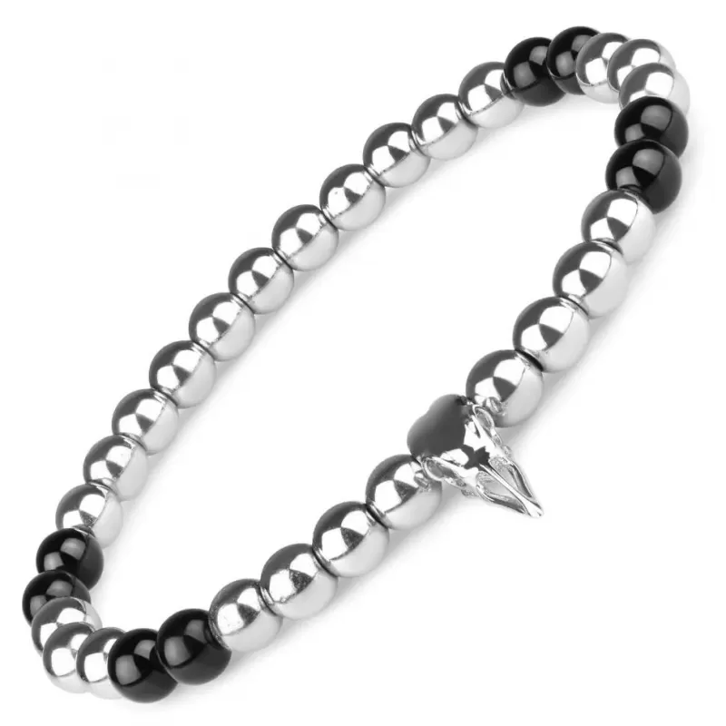 Браслет Everiot Select LNS-2215 из гематита и агата с черепом вороны