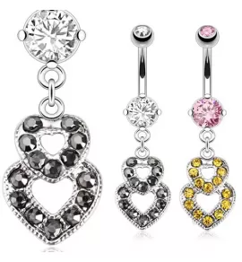 Серьга банан для пирсинга пупка PiercedFish NP13097 в форме двойного сердца с фианитами