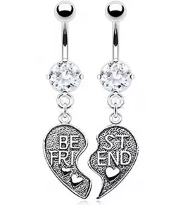 Серьга банан для парного пирсинга пупка PiercedFish NSR6501 из двух половинок сердца с фианитами