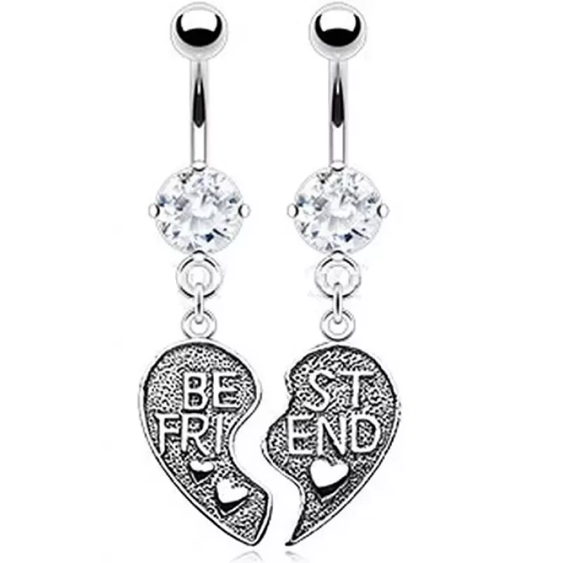 Серьга банан для парного пирсинга пупка PiercedFish NSR6501 из двух половинок сердца с фианитами