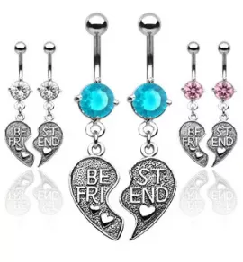 Серьга банан для парного пирсинга пупка PiercedFish NSR6501 из двух половинок сердца с фианитами