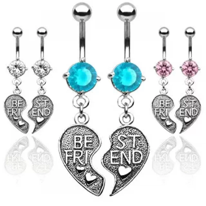 Серьга банан для парного пирсинга пупка PiercedFish NSR6501 из двух половинок сердца с фианитами