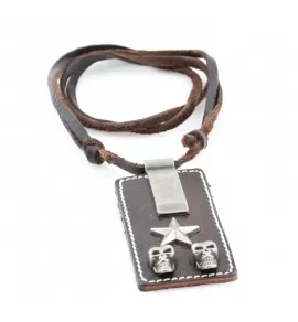 Мужской кулон на кожаном шнурке Everiot NLP-DL-2067 с двумя черепами и звездой