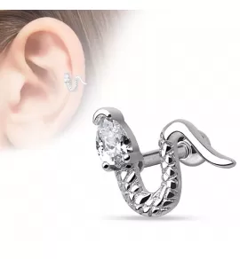 Штанга для пирсинга хеликса, трагуса, хряща уха "Змея" PiercedFish JA15921, серьга из медицинской стали с фианитом