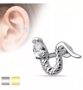 Штанга для пирсинга хеликса, трагуса, хряща уха "Змея" PiercedFish JA15921, серьга из медицинской стали с фианитом