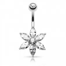 Пирсинг пупка банан PiercedFish NZ0016-C в виде цветка с прозрачными фианитами