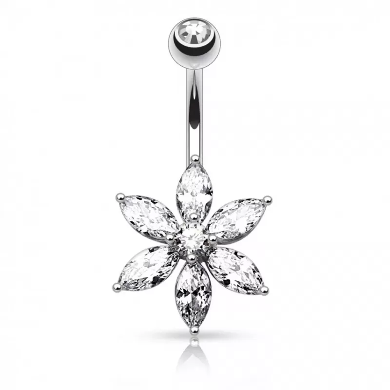 Пирсинг пупка банан PiercedFish NZ0016-C в виде цветка с прозрачными фианитами