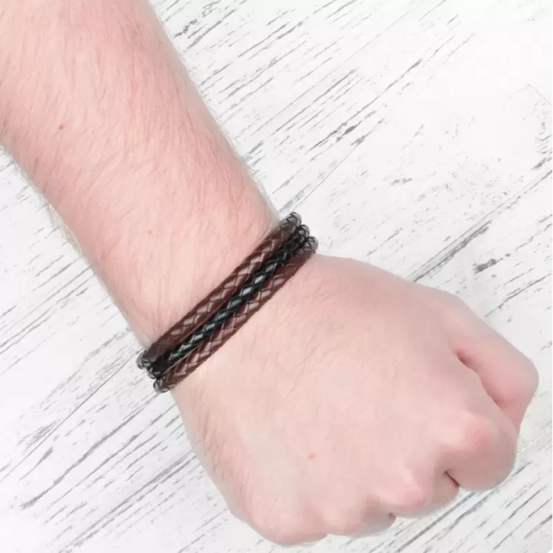 Мужской плетеный браслет из черной и коричневой кожи Everiot Select LNS-5016