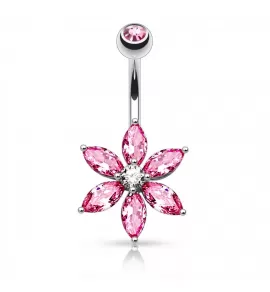 Стальная серьга банан для пирсинга пупка PiercedFish NZ0016-PC в виде цветка с розовыми фианитами