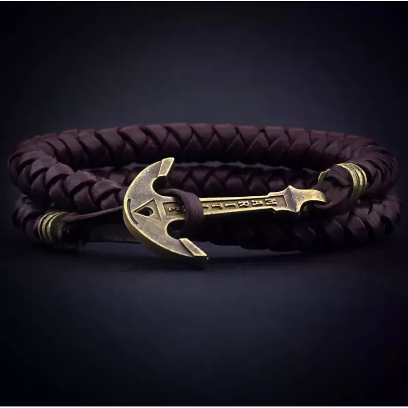 Кожаный браслет мужской с якорем ANCHORSTUFF ANC-MA-2906 коричневый