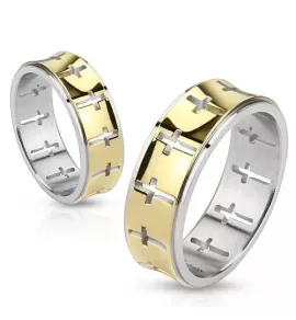 Кольцо из стали TATIC R-M2392, с золотистой серединой и крестами