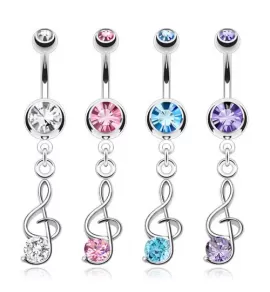 Серьга банан для пирсинга пупка PiercedFish NSB2005 в форме скрипичного ключа с фианитами