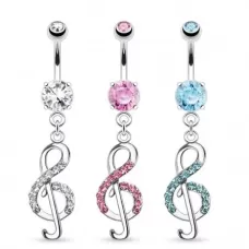 Серьга банан для пирсинга пупка в форме скрипичного ключа PiercedFish NAL13639 с фианитами