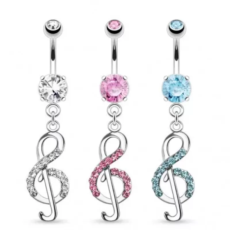 Серьга банан для пирсинга пупка в форме скрипичного ключа PiercedFish NAL13639 с фианитами