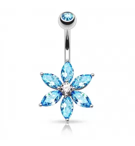 Стальная серьга банан для пирсинга пупка PiercedFish NZ0016-QC в виде цветка с голубыми фианитами