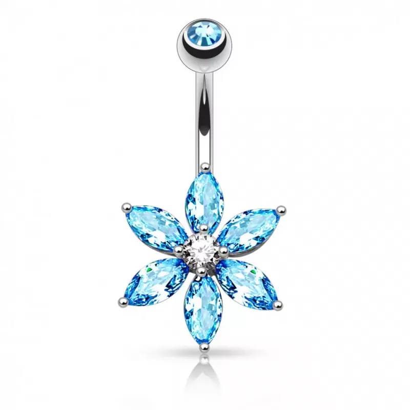 Стальная серьга банан для пирсинга пупка PiercedFish NZ0016-QC в виде цветка с голубыми фианитами