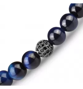 Синий браслет на резинке из камня тигровый глаз с фианитами Everiot Select LNS-2086