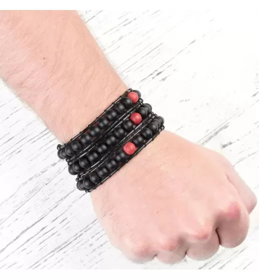 Широкий плетеный браслет-намотка Everiot Select LNS-2223 из черного агата и яшмы