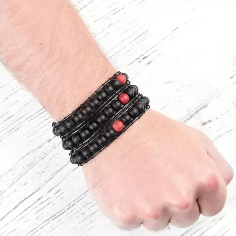 Широкий плетеный браслет-намотка Everiot Select LNS-2223 из черного агата и яшмы