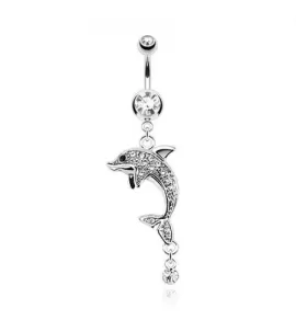 Украшение для пирсинга пупка PiercedFish NSX-7656 в форме дельфина с фианитами
