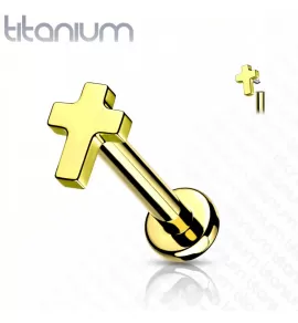 Титановая серьга лабрет с крестиком Pirslab TIL11-GD для пирсинга Монро, трагуса, хеликса