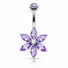 Стальная серьга банан для пирсинга пупка PiercedFish NZ0016-TZC в виде цветка с лиловыми фианитами