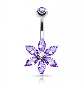 Стальная серьга банан для пирсинга пупка PiercedFish NZ0016-TZC в виде цветка с лиловыми фианитами