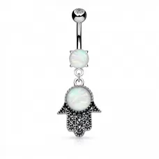 Пирсинг пупка банан PiercedFish N18111 с подвеской в форме амулета Хамса и имитацией опала